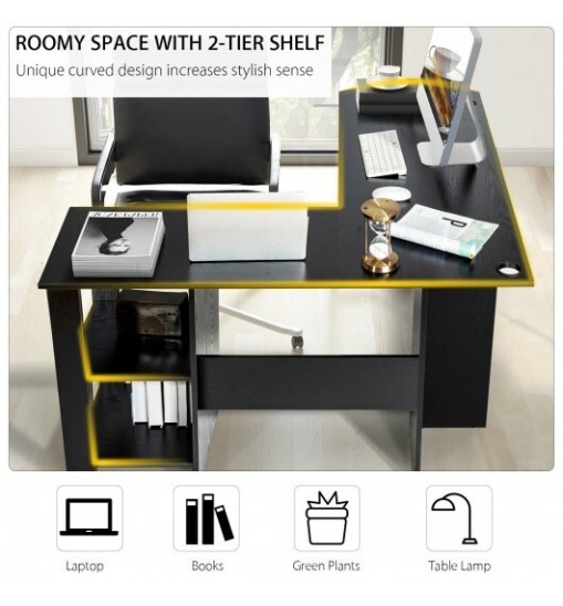 Modern L-Shaped Computer Desk with Shelves-Black