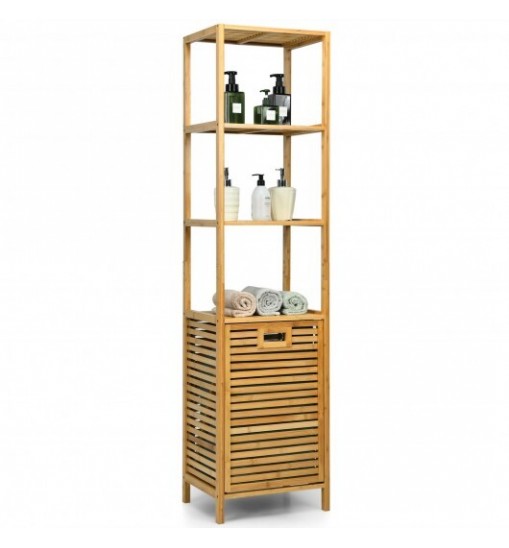 Bamboo Tower Hamper Organizer with 3-Tier Storage Shelves-Natural