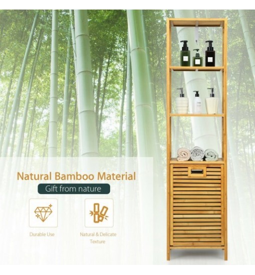 Bamboo Tower Hamper Organizer with 3-Tier Storage Shelves-Natural