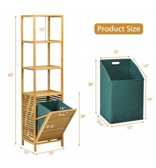 Bamboo Tower Hamper Organizer with 3-Tier Storage Shelves-Natural