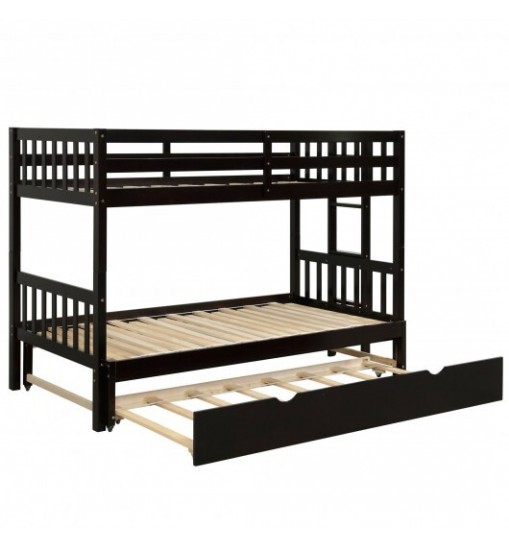 Twin Pull-Out Bunk Bed with Trundle Wooden Ladder-Espresso