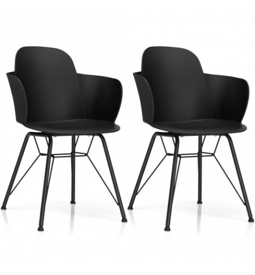 Set of 2 Metal Frame Modern Petal-Shape Plastic Dining Chairs-Black