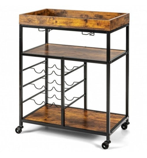 3-Tier Wood Rolling Kitchen Serving Cart with 9 Wine Bottles Rack Metal Frame-Rustic Brown