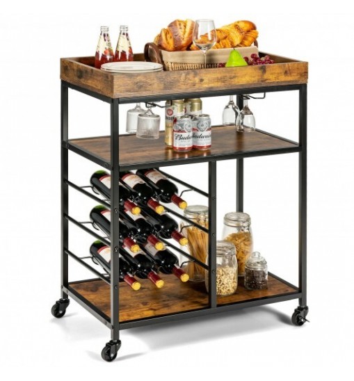 3-Tier Wood Rolling Kitchen Serving Cart with 9 Wine Bottles Rack Metal Frame-Rustic Brown