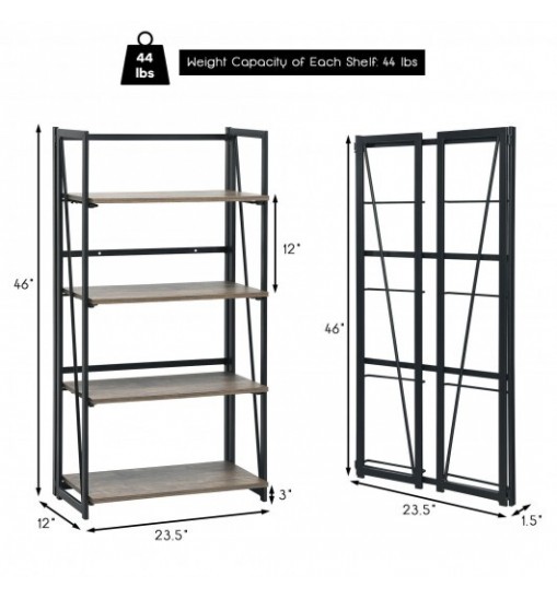 4-Tier Folding Bookshelf No-Assembly Industrial Bookcase Display Shelves