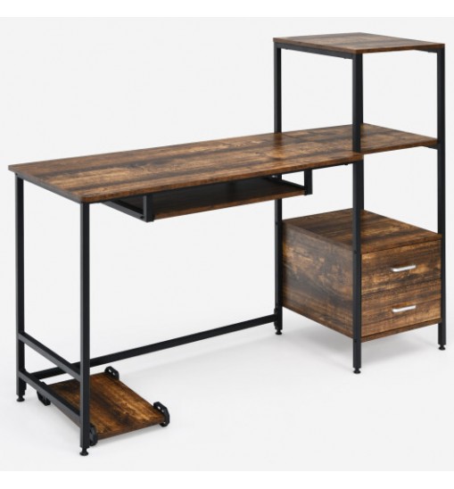 55.5 Inch Computer Desk with Movable Stand and Bookshelves-Rustic Brown