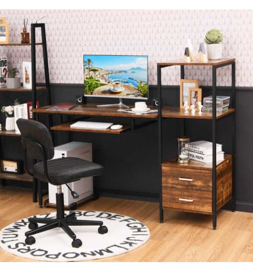 55.5 Inch Computer Desk with Movable Stand and Bookshelves-Rustic Brown