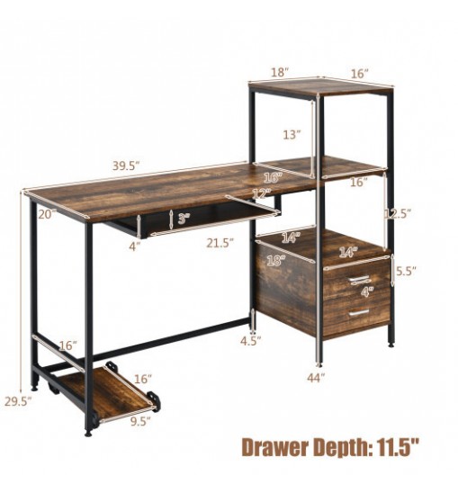 55.5 Inch Computer Desk with Movable Stand and Bookshelves-Rustic Brown