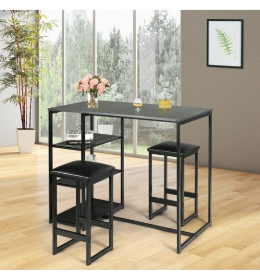 3 pcs Dining Set with Faux Marble Top Table and 2 Stools-Black