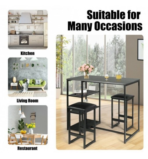 3 pcs Dining Set with Faux Marble Top Table and 2 Stools-Black