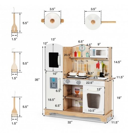 Wooden Kids Pretend Kitchen Playset Cooking Play Toy with Utensils and Sound