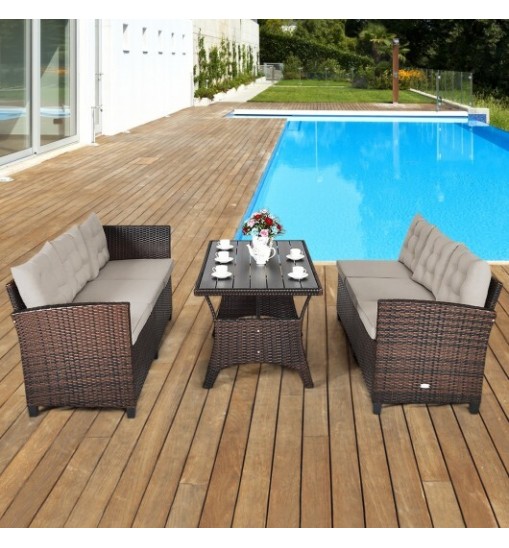 3 Pieces Hand-Woven Rattan Outdoor Sofa Set with Dining Table