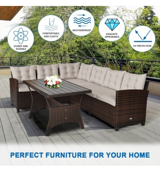 3 Pieces Hand-Woven Rattan Outdoor Sofa Set with Dining Table