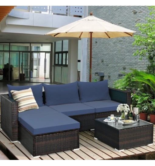 5 Pieces Patio Rattan Sectional Furniture Set with Cushions and Coffee Table -Navy