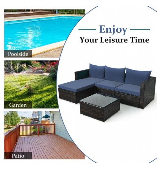 5 Pieces Patio Rattan Sectional Furniture Set with Cushions and Coffee Table -Navy