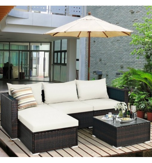 5 Pieces Patio Rattan Sectional Furniture Set with Cushions and Coffee Table -Navy