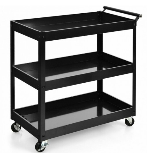 3-Tier Utility Cart Metal Mental Storage Service Trolley-Black