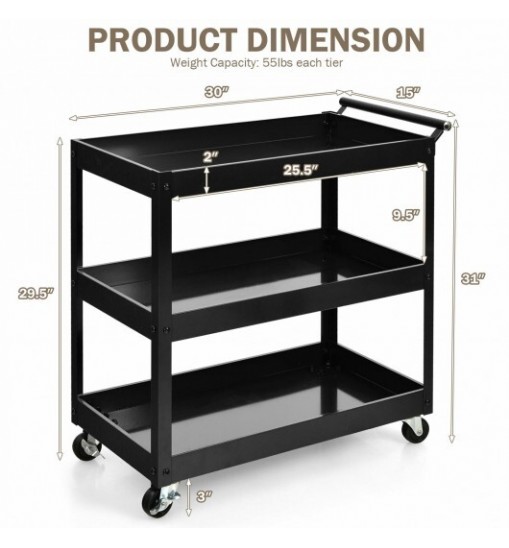 3-Tier Utility Cart Metal Mental Storage Service Trolley-Black