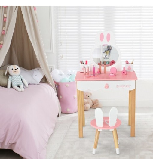 Kids Vanity Set Rabbit Makeup Dressing Table Chair Set with Mirror and Drawer-Pink