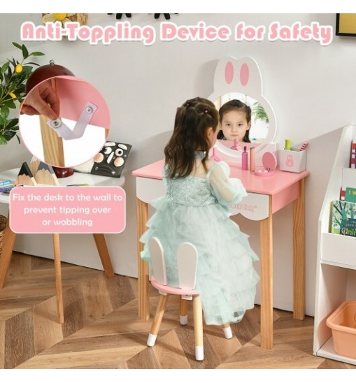 Kids Vanity Set Rabbit Makeup Dressing Table Chair Set with Mirror and Drawer-Pink