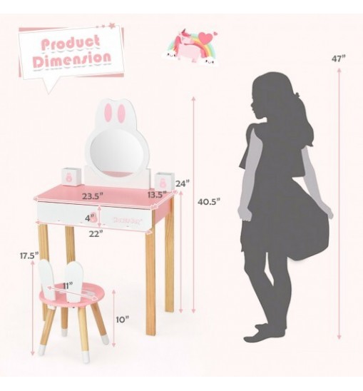 Kids Vanity Set Rabbit Makeup Dressing Table Chair Set with Mirror and Drawer-Pink