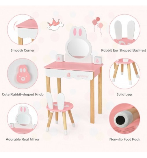 Kids Vanity Set Rabbit Makeup Dressing Table Chair Set with Mirror and Drawer-Pink