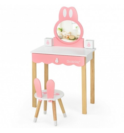 Kids Vanity Set Rabbit Makeup Dressing Table Chair Set with Mirror and Drawer-Pink