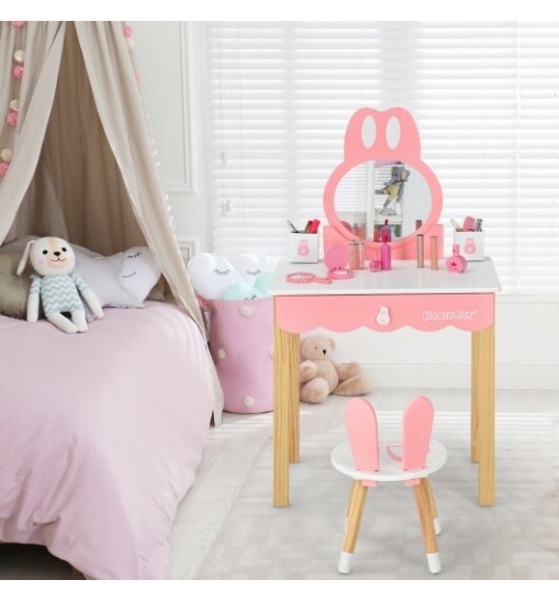 Kids Vanity Set Rabbit Makeup Dressing Table Chair Set with Mirror and Drawer-Pink