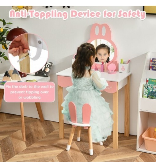 Kids Vanity Set Rabbit Makeup Dressing Table Chair Set with Mirror and Drawer-Pink