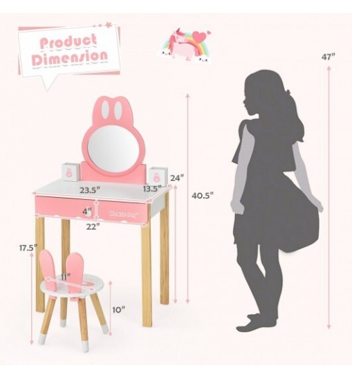 Kids Vanity Set Rabbit Makeup Dressing Table Chair Set with Mirror and Drawer-Pink