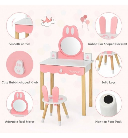 Kids Vanity Set Rabbit Makeup Dressing Table Chair Set with Mirror and Drawer-Pink