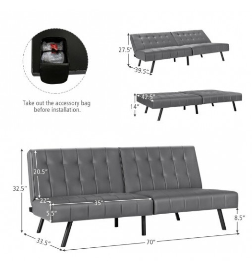 Futon Sofa Bed PU Leather Convertible Folding Couch Sleeper Lounge-Gray