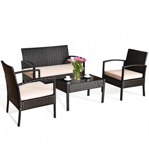 4 Pieces Patio Ratten Conversation Set with Loveseat Sofas and Coffee Table