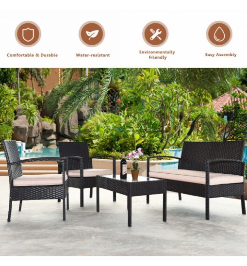 4 Pieces Patio Ratten Conversation Set with Loveseat Sofas and Coffee Table