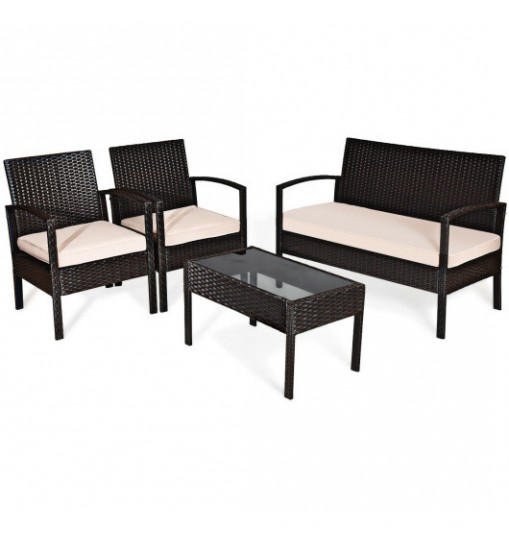 4 Pieces Patio Ratten Conversation Set with Loveseat Sofas and Coffee Table