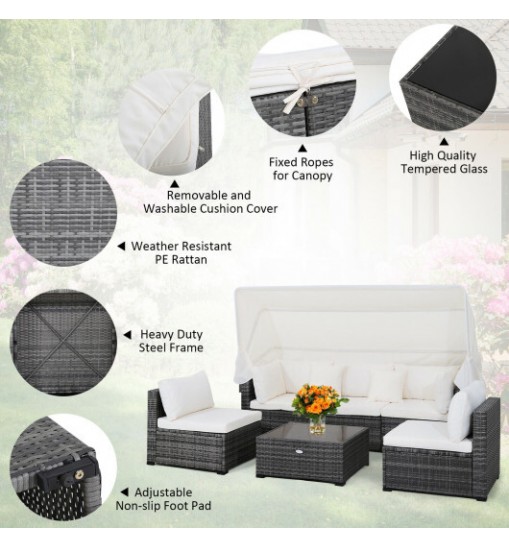 6 Pieces Patio Rattan Furniture Set with Retractable Canopy