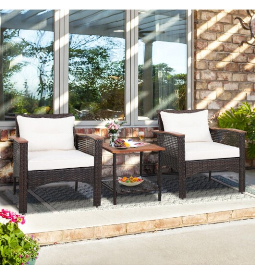 3 Pieces Patio Rattan Furniture Set with Acacia Wood Tabletop