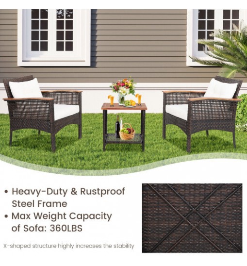 3 Pieces Patio Rattan Furniture Set with Acacia Wood Tabletop