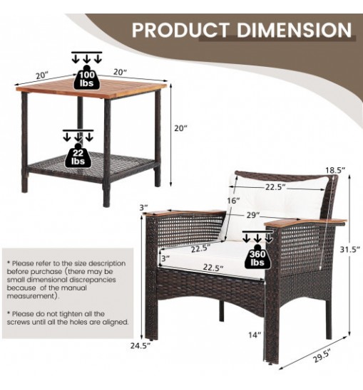 3 Pieces Patio Rattan Furniture Set with Acacia Wood Tabletop