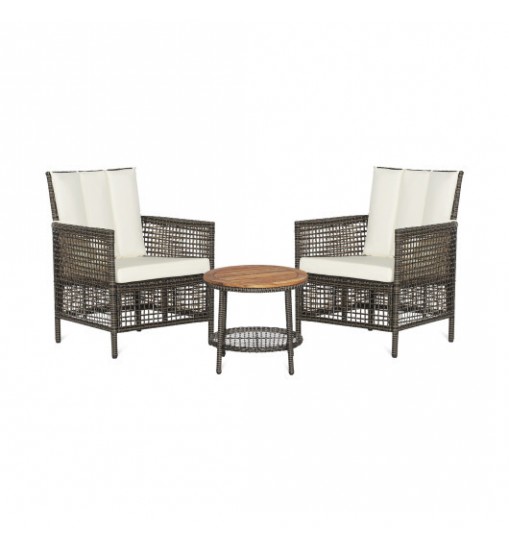 3 Pieces Patio Rattan Furniture Set with Cushioned Sofas and Wood Table Top-White