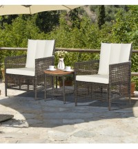 3 Pieces Patio Rattan Furniture Set with Cushioned Sofas and Wood Table Top-White