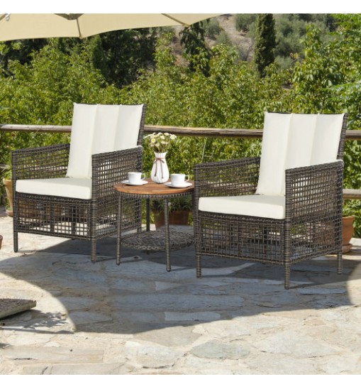 3 Pieces Patio Rattan Furniture Set with Cushioned Sofas and Wood Table Top-White