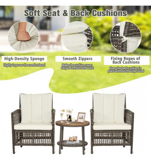 3 Pieces Patio Rattan Furniture Set with Cushioned Sofas and Wood Table Top-White