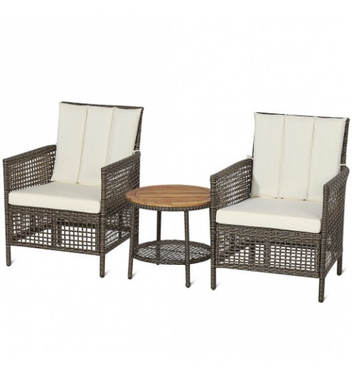 3 Pieces Patio Rattan Furniture Set with Cushioned Sofas and Wood Table Top-White