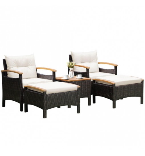 5 Pieces Patio Conversation Set with Cushions Coffee Table and 2 Ottomans