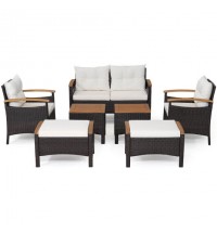 7 Piece Rattan Patio Sofa Set with Acacia Wood Tabletop and Armrests