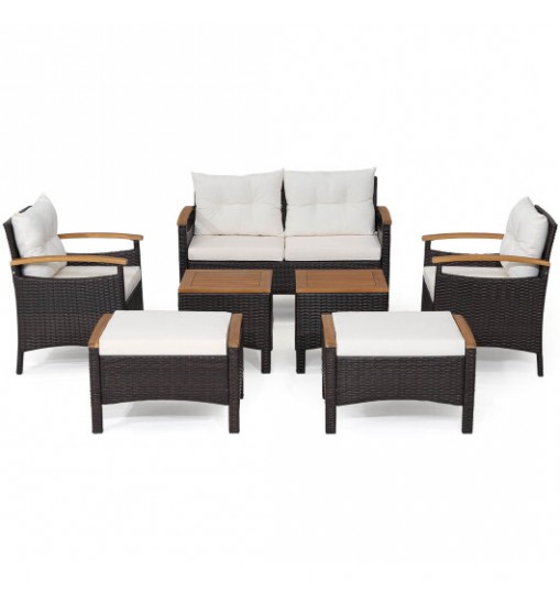 7 Piece Rattan Patio Sofa Set with Acacia Wood Tabletop and Armrests