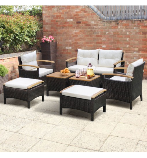 7 Piece Rattan Patio Sofa Set with Acacia Wood Tabletop and Armrests