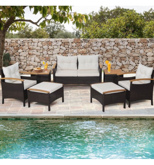 7 Piece Rattan Patio Sofa Set with Acacia Wood Tabletop and Armrests