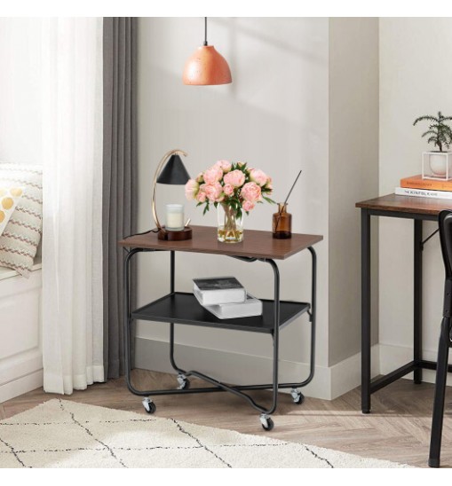 2-Tier End Table with Metal Storage Shelf and Foldable Frame-Natural